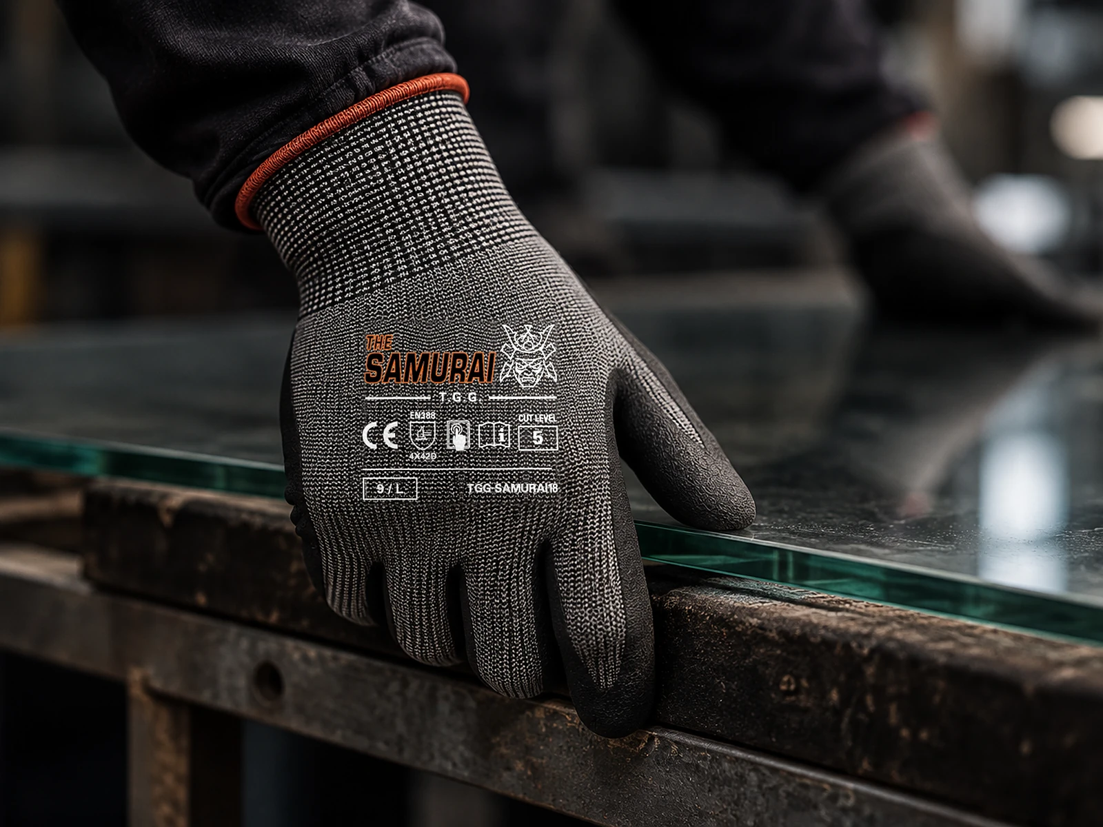 A hand in a TGG Samurai 18 cut-resistant glove lifting a sheet of glass from a workshop bench
